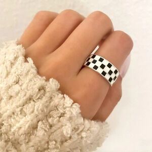 925 Sterling Silver Black & White Checkered Ring Minimalist Ring